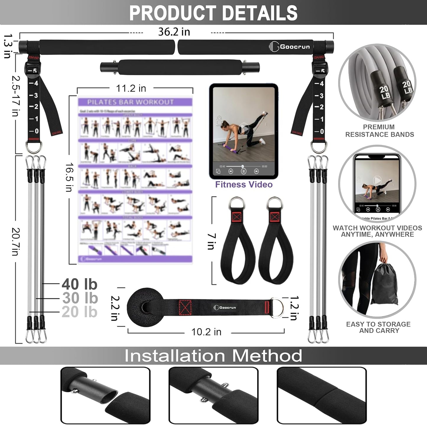 Portable Pilates Bar Kit with Resistance Bands for Men and Women - 3 Set Exercise Resistance Bands - Multifunctional Home Gym - Supports Full-Body Workouts – with Fitness Poster and Video