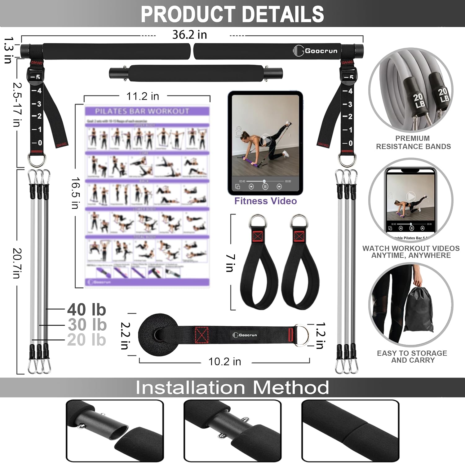 Portable Pilates Bar Kit with Resistance Bands for Men and Women - 3 Set Exercise Resistance Bands - Multifunctional Home Gym - Supports Full-Body Workouts – with Fitness Poster and Video