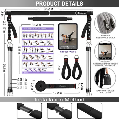 Portable Pilates Bar Kit with Resistance Bands for Men and Women - 3 Set Exercise Resistance Bands - Multifunctional Home Gym - Supports Full-Body Workouts – with Fitness Poster and Video