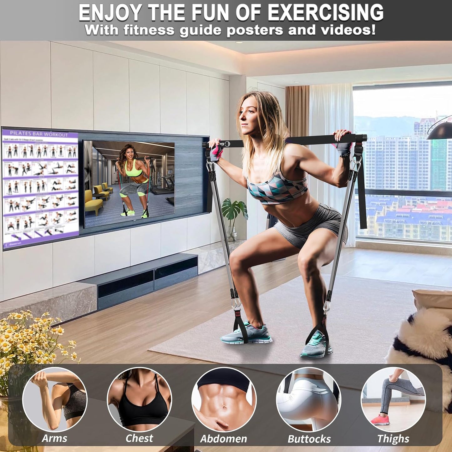 Portable Pilates Bar Kit with Resistance Bands for Men and Women - 3 Set Exercise Resistance Bands - Multifunctional Home Gym - Supports Full-Body Workouts – with Fitness Poster and Video