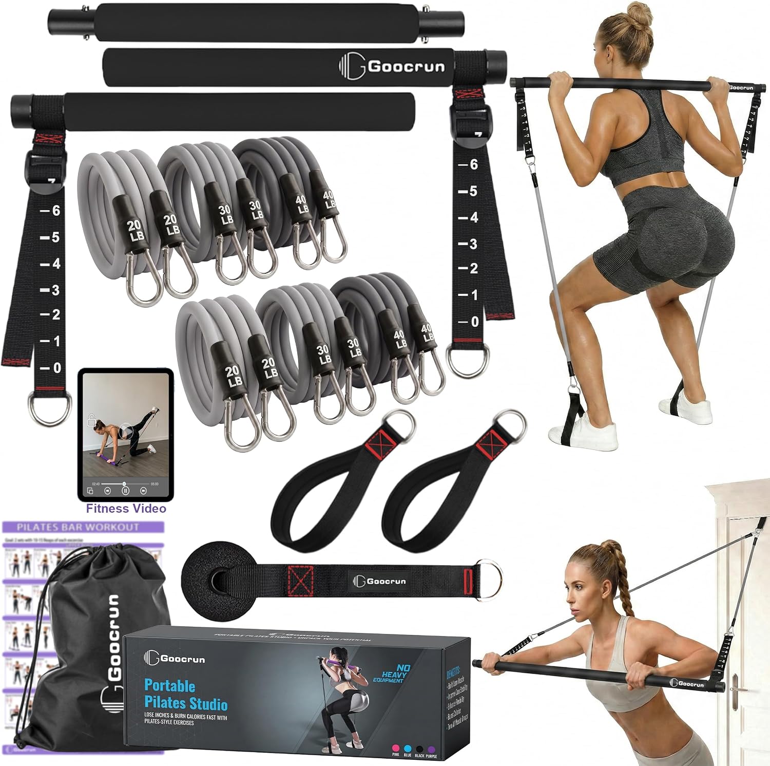 Portable Pilates Bar Kit with Resistance Bands for Men and Women - 3 Set Exercise Resistance Bands - Multifunctional Home Gym - Supports Full-Body Workouts – with Fitness Poster and Video