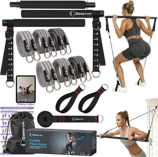 Portable Pilates Bar Kit with Resistance Bands for Men and Women - 3 Set Exercise Resistance Bands - Multifunctional Home Gym - Supports Full-Body Workouts – with Fitness Poster and Video