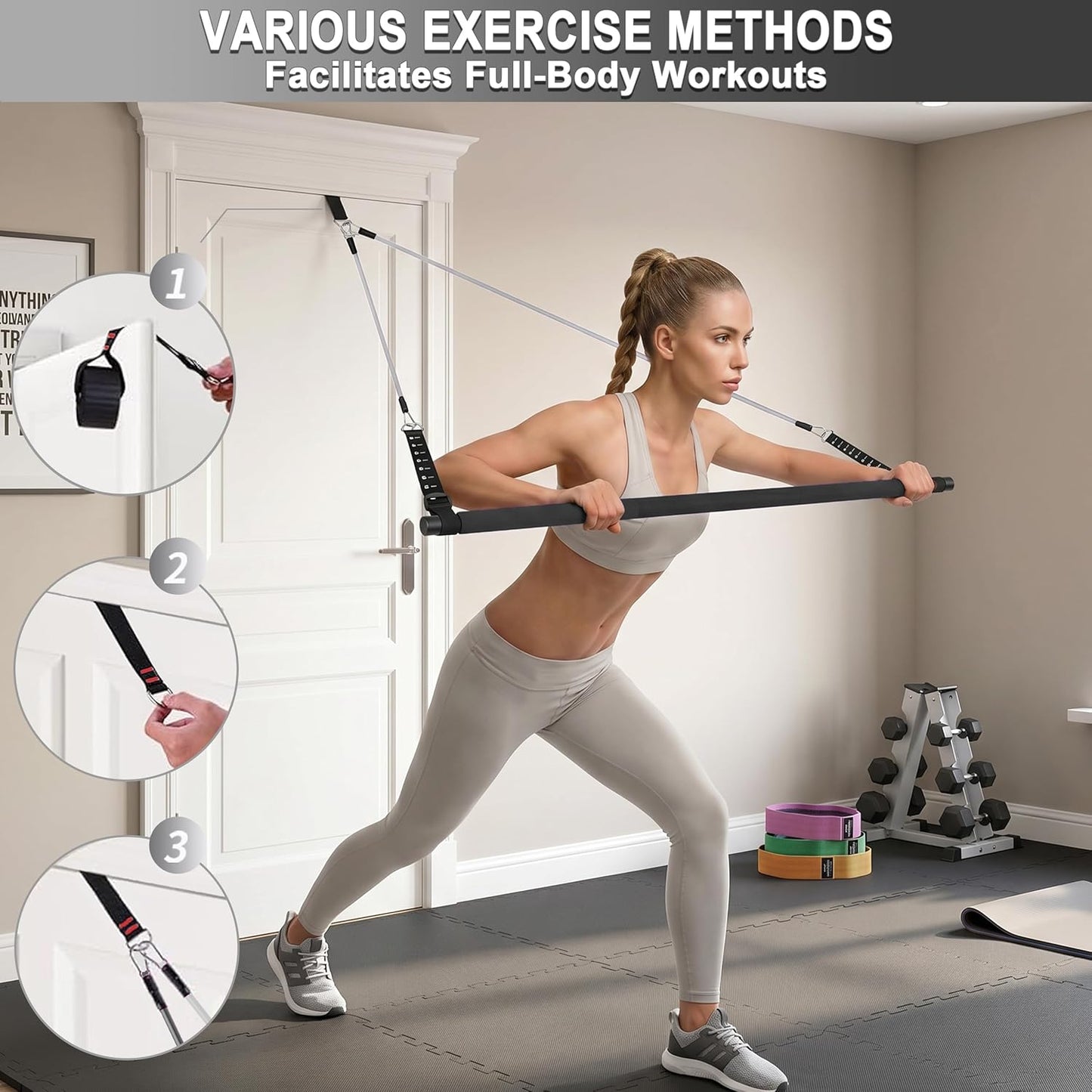Portable Pilates Bar Kit with Resistance Bands for Men and Women - 3 Set Exercise Resistance Bands - Multifunctional Home Gym - Supports Full-Body Workouts – with Fitness Poster and Video